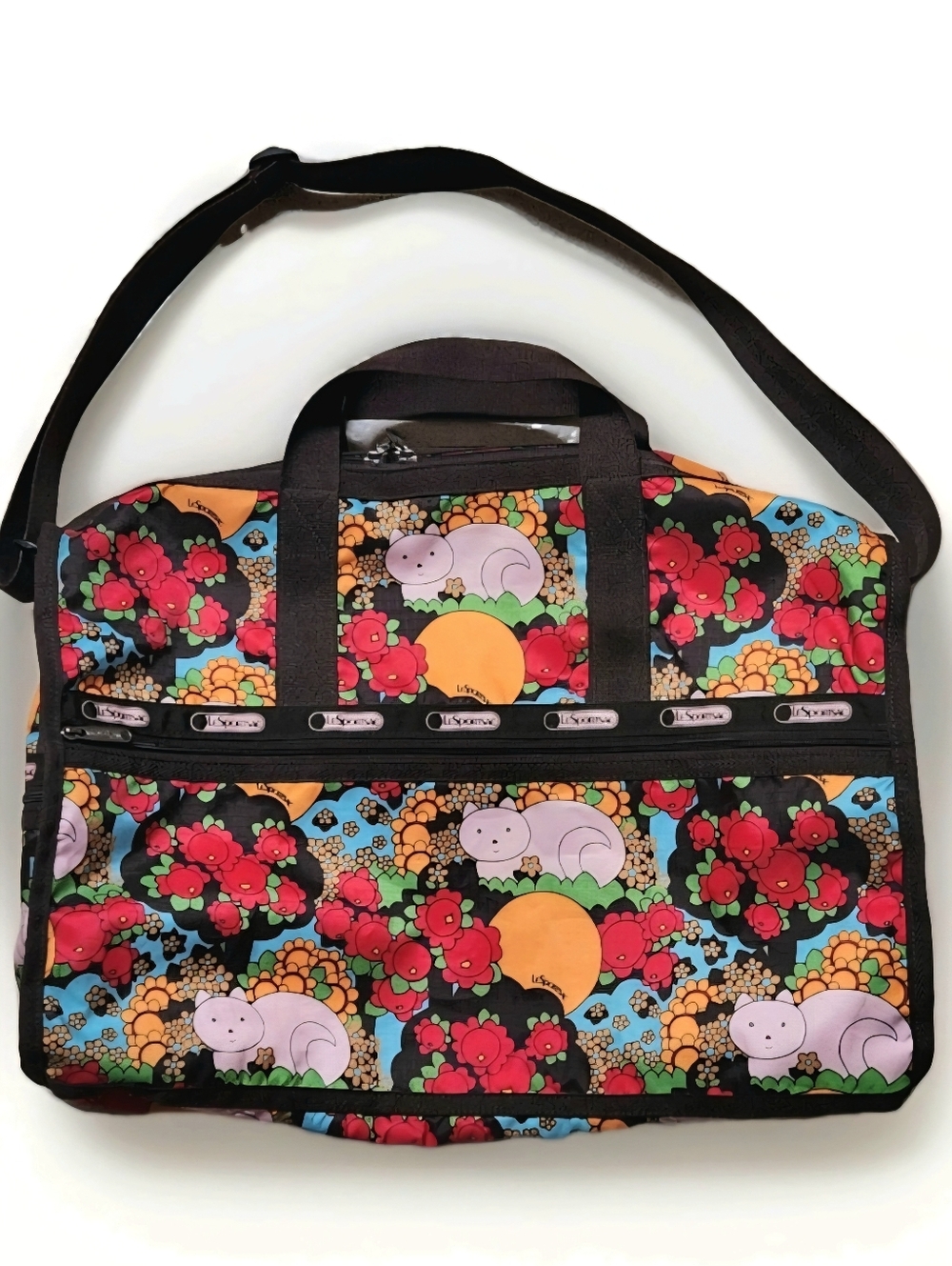 VTG LeSportsac Floral Cat Novelty Print Duffle Weekender Rare Made In Costa Rica
